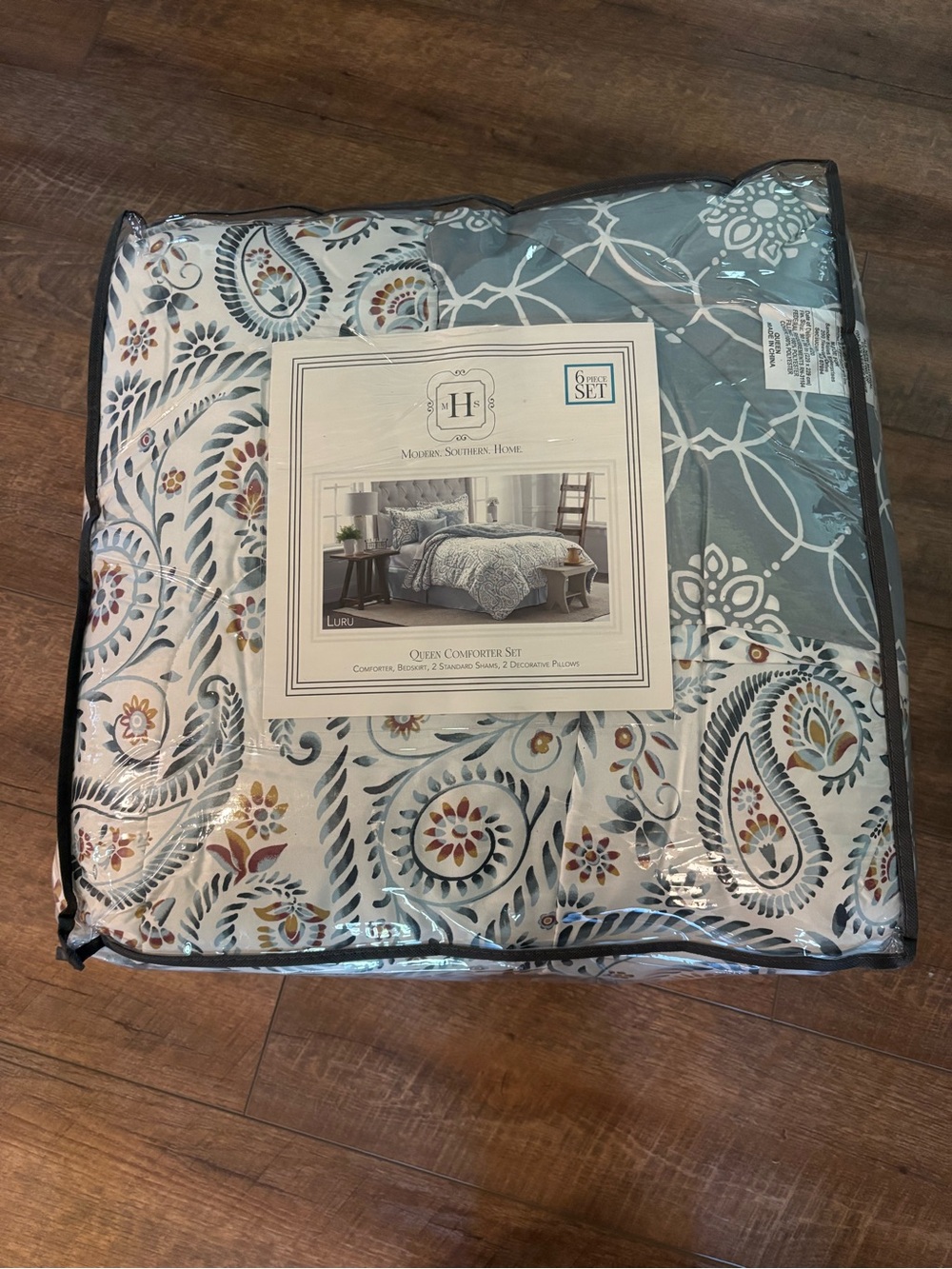 Queen Comforter Set in Teal and White Paisley